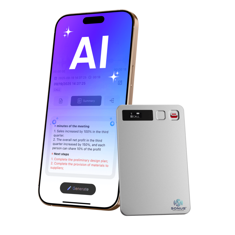 ACDStar Sonus™ AI Voice Recorder ACDStar Sonus AI Voice Recorder credit-card sized smart device for instant meeting transcription and summarization.